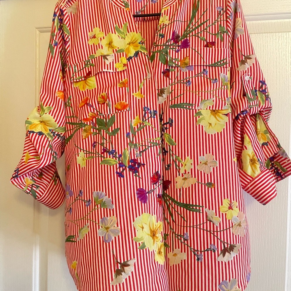 Calvin Klein Red Floral Striped Blouse